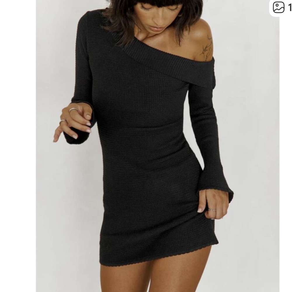 Princess Polly Black Ribbed Off-Shoulder Dress